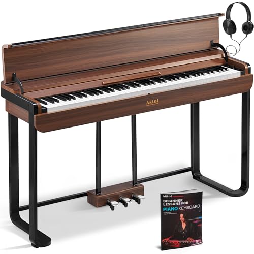 AKLOT Modern Weighted Keyboard Piano: 88-Key Graded Hammer Action Digital Piano, ​Silent Soft-Fall Cover, U-Stand, Triple Pedal, MIDI, Headphone, Beginner Lesson Book (AUR-LS03 Satin Walnut)