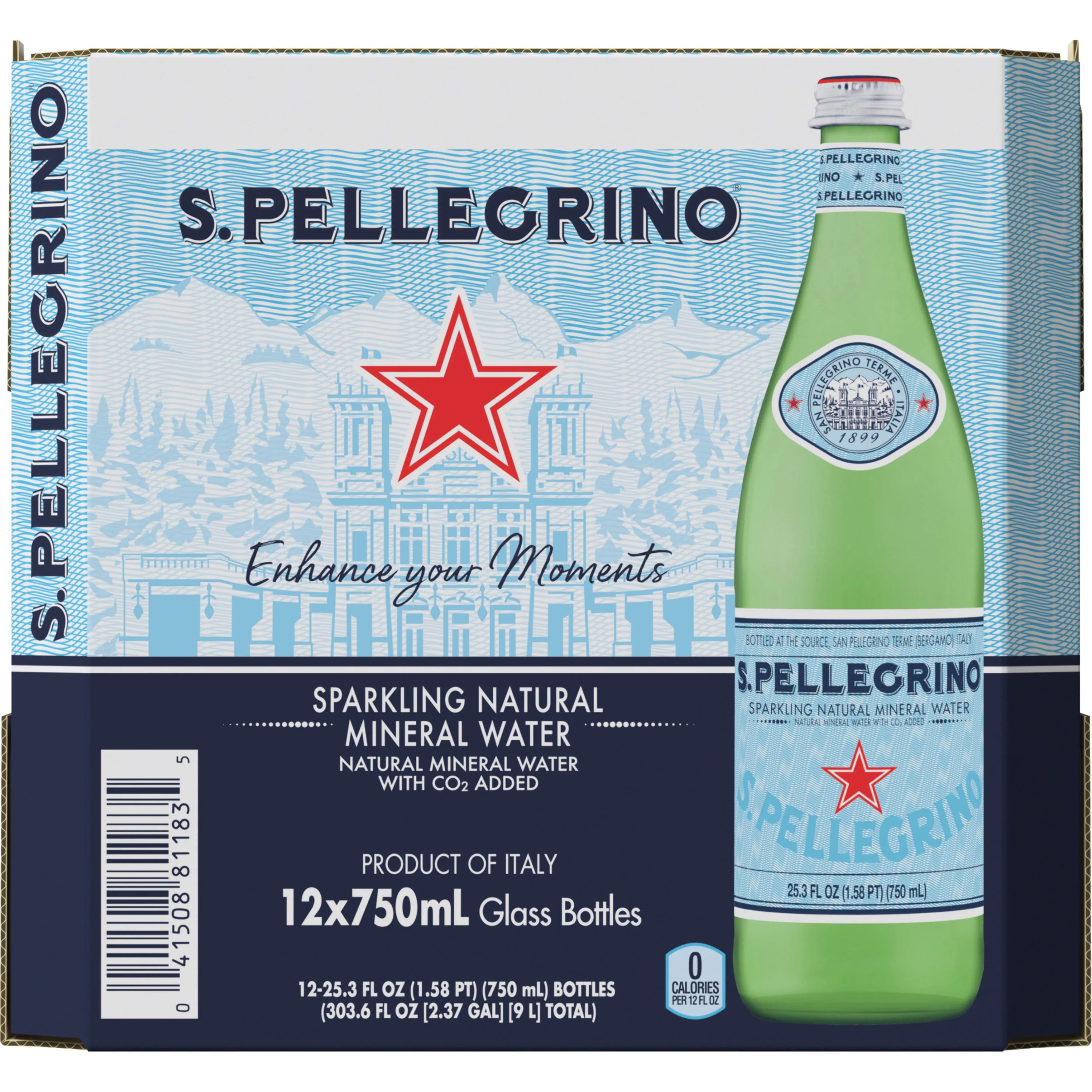 S.Pellegrino Sparkling Natural Mineral Water, 303.6 fl oz, 12 Pack Glass Bottles