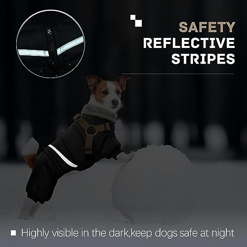 BRKURLEG Black Dog Coat with Harness, Dog Winter Jacket, Dogs Onesie Body Warm Jackets, Small Dogs Winter Coats Reflective Windproof Warm Cold Weather Coats, Pet Waterproof Jacket Hiking XL