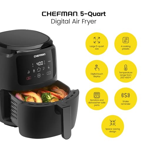 CHEFMAN 6 Quart Dual Basket Air Fryer Oven with Easy View Windows, Sync Finish, Hi-Fry, Auto Shutoff, 2 Independent 3Qt Nonstick Dishwasher Safe Frying Baskets, Digital Double Air Fryer - Black