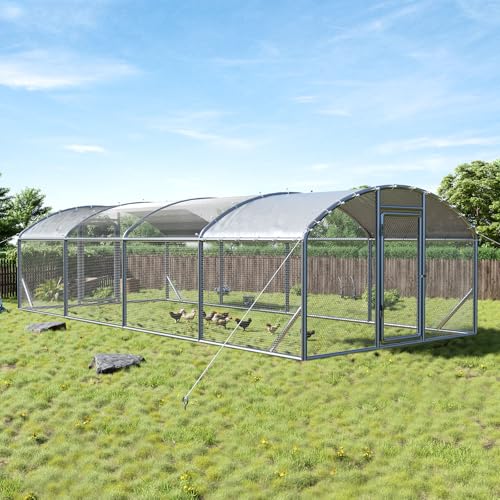 Jocisland 9x25.3x6.4 FT Large Walk-in Chicken Coop with 2 Hinged Doors, Dome Roof, PE Cover & Wire Mesh for Backyard Hen, Duck, Rabbit, Easy to Install Metal Poultry Run