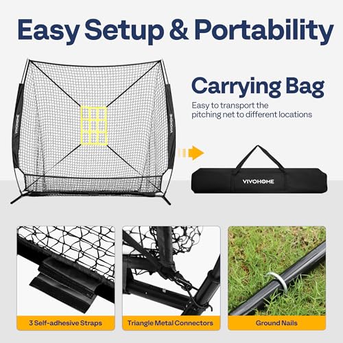 VIVOHOME Baseball Softball Hitting Net with Large Ball Collection System, 7 x 7 ft Baseball Batting Pitching Net with Tee, 2 Strike Zone, Carry Bag