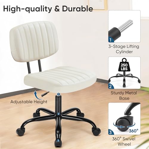 DUMOS Armless Small Home Office Desk Chair - Vanity Task Chair with Low Back, Height Adjustable PU Leather Swivel Computer Chair with 360° Rolling Wheels, Deep Brown