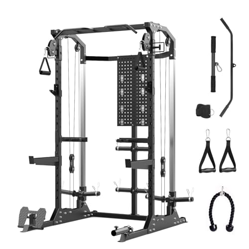Power Cage, 2000Lbs Capacity Power Rack with Cable Crossover and Dual Independent Pulley System, Workout Cage with Storage Board, Squat Rack for Home Gym