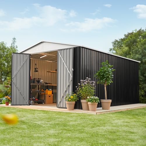 Polar Aurora 10x14 Outdoor Storage Shed, Garden Shed with Updated Frame Structure and Lockable Doors, Metal Tool Sheds for Backyard Garden Patio Lawn, White