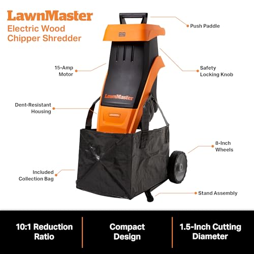 LawnMaster FD1501 Electric Wood Chipper Shredder 15-Amp 1.5-Inch Cutting Diameter Max 10:1 Reduction