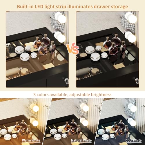 VOWNER Vanity with Lighted Mirror - Glass Top Makeup Vanity Desk with Lights and 11 Drawers, 3 Color Lighting Modes Adjustable Brightness, 46