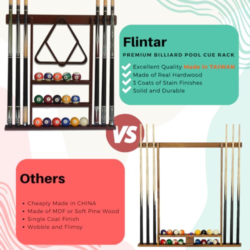 Flintar Wall Mount Cue Rack, Billiard Pool Cue Stick holder, Premium Quality Made in TAIWAN, Solid Hardwood, Cue Rack Only