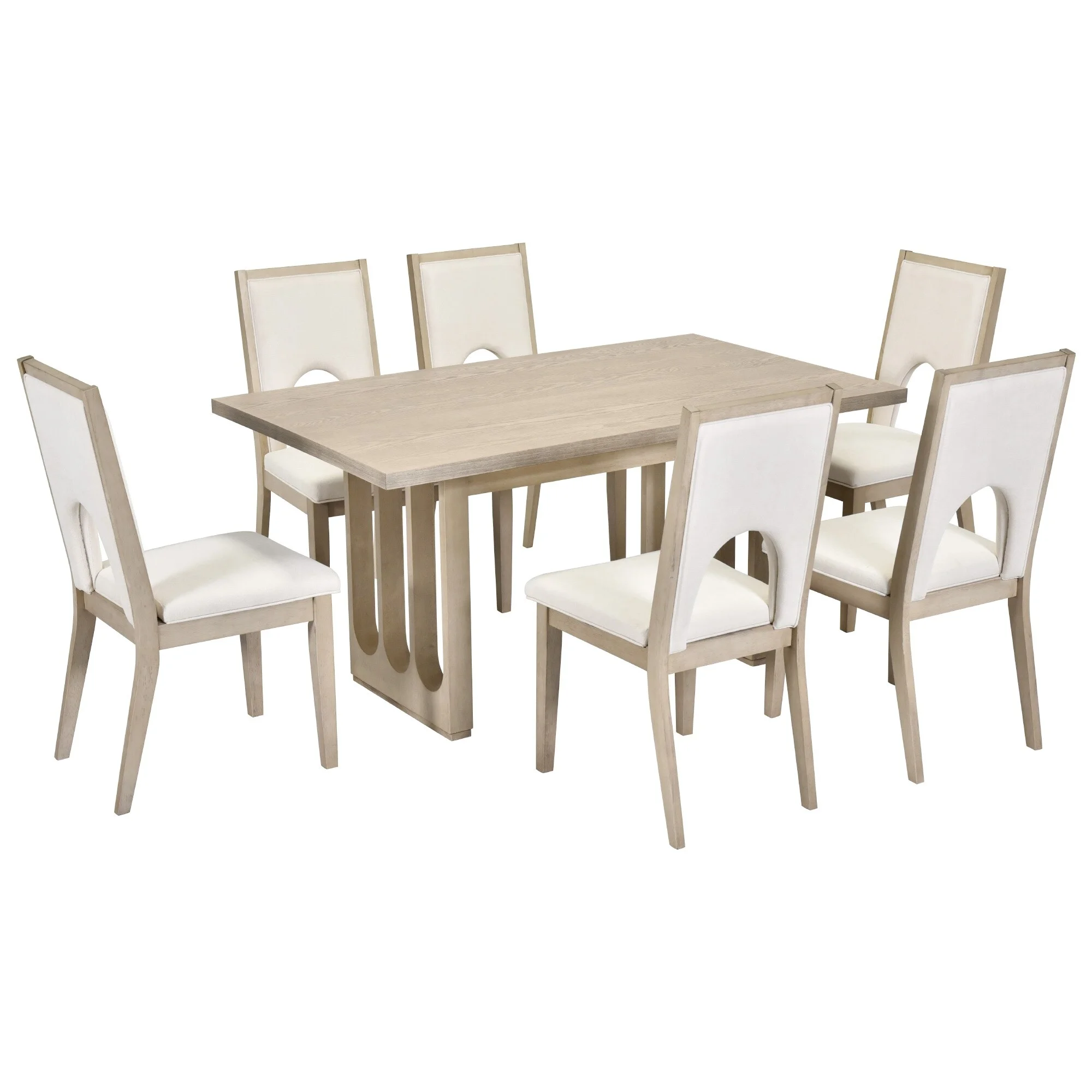 Natural Wood Wash 7-Piece Dining Table Set with 6 Upholstered Chairs