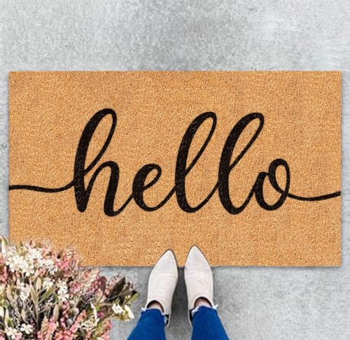 Welcome Mat Natural Coir Door Mat Rustic Brown Welcome Floor Mat with Black Border Thick Doormat Non-Slip Entrance Door Rugs for Front Door Entry Indoor Outdoor Decor, 16.5 x 29 Inch