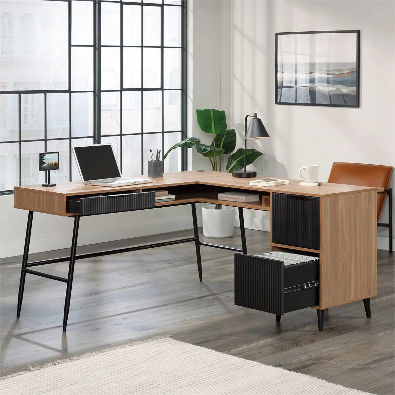 UrbanPro Modern Engineered Wood / Metal L-Desk in Serene Walnut