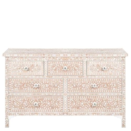 Inlay Floral Design Hand Painted Wooden Chest of Drawers for Bedroom, Living Room, Dining Room, Office, Home Decor, Pink (Gray)