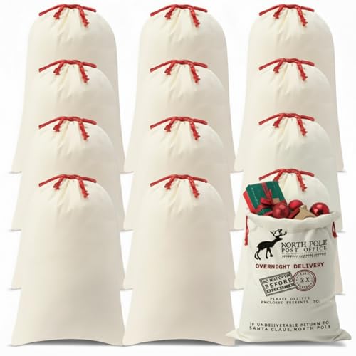 Abbylike 12 Pcs Santa Sublimation Blank Christmas Sack with Drawstring Large Christmas Natural Cotton Heavy Duty Sack Laundry Bag for Xmas Gift Sublimation Drawstring Bag 18.9 x 26.8 Inch (Multicolor)