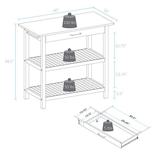 Casual Home Kitchen Island with Solid American Hardwood Top, Natural/White, 40