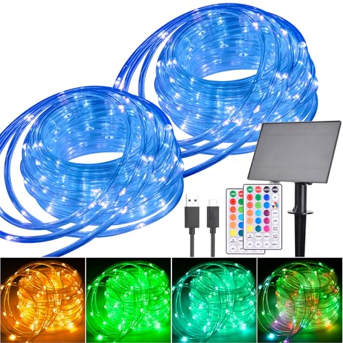 99FT Solar Rope Lights Outdoor Waterproof, 300 LED String Light USB & Solar Powered with Remote Control, 18 Colors Changing Fairy Tube Lighting for Outside Indoor Patio Pool Christmas Decor
