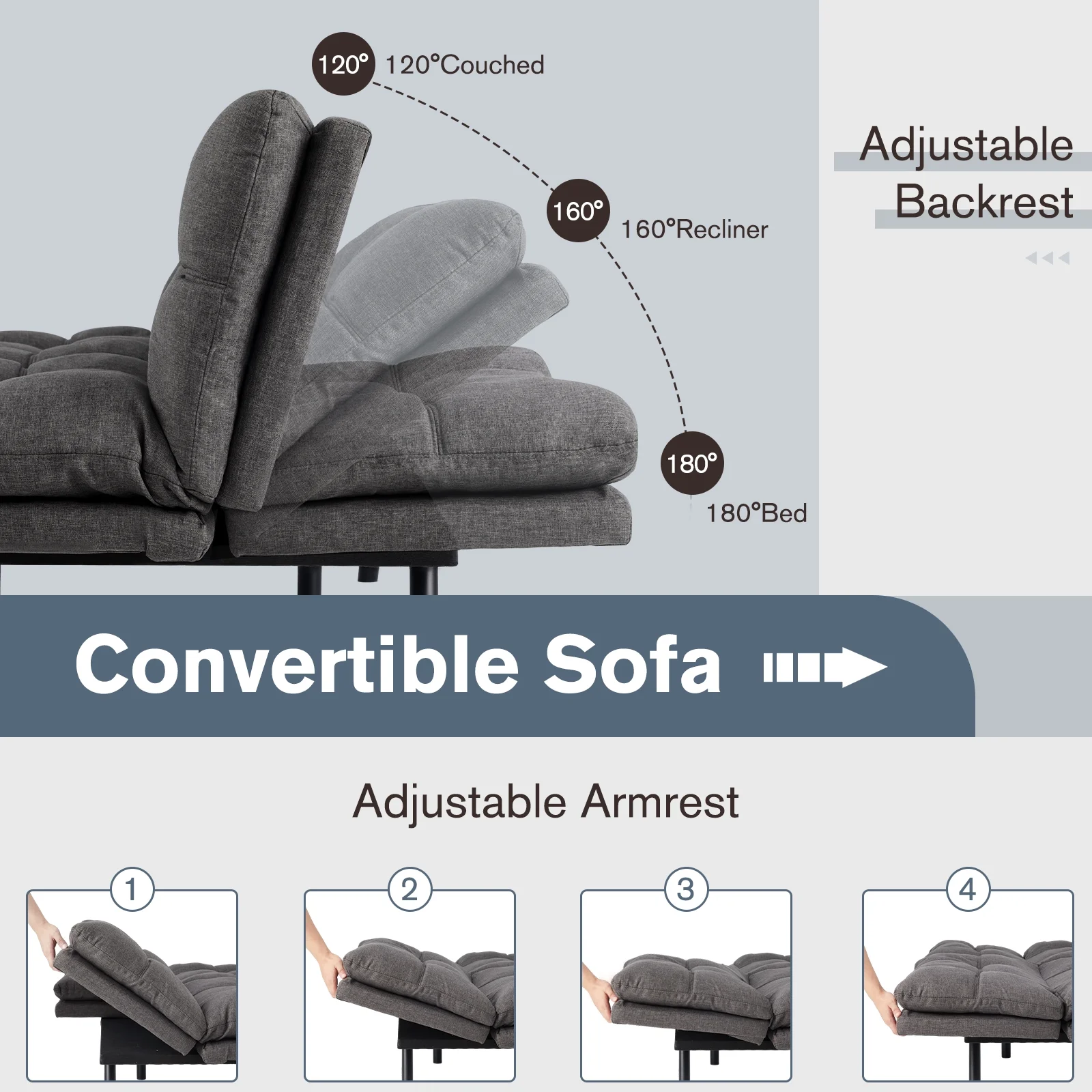 Futon Sofa Bed, Convertible Futon Sofa Memory Foam Double Sofa Bed with Adjustable Backrest and Armrests for Apartments, Dorms, Guest Rooms and Offices, Gray