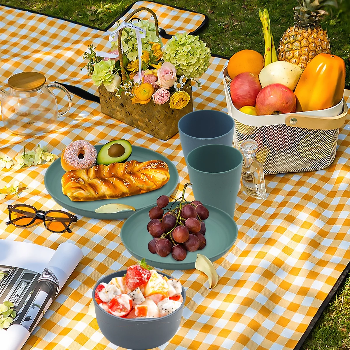 Logianis Wheat Straw Dinnerware Sets Unbreakable Reusable Microwave Plates and Bowls Sets 16 Piece