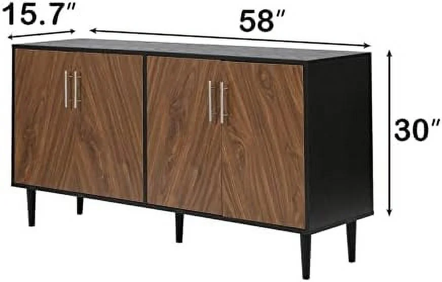 HBBOOMLIFE Sideboards and Buffets with   Buffet Cabinet with   4 Door Credenzas for Living Room Mid Century Modern Sideboard  58 Inch Coffee  Cabinet for Dining Room Kitchen  Black