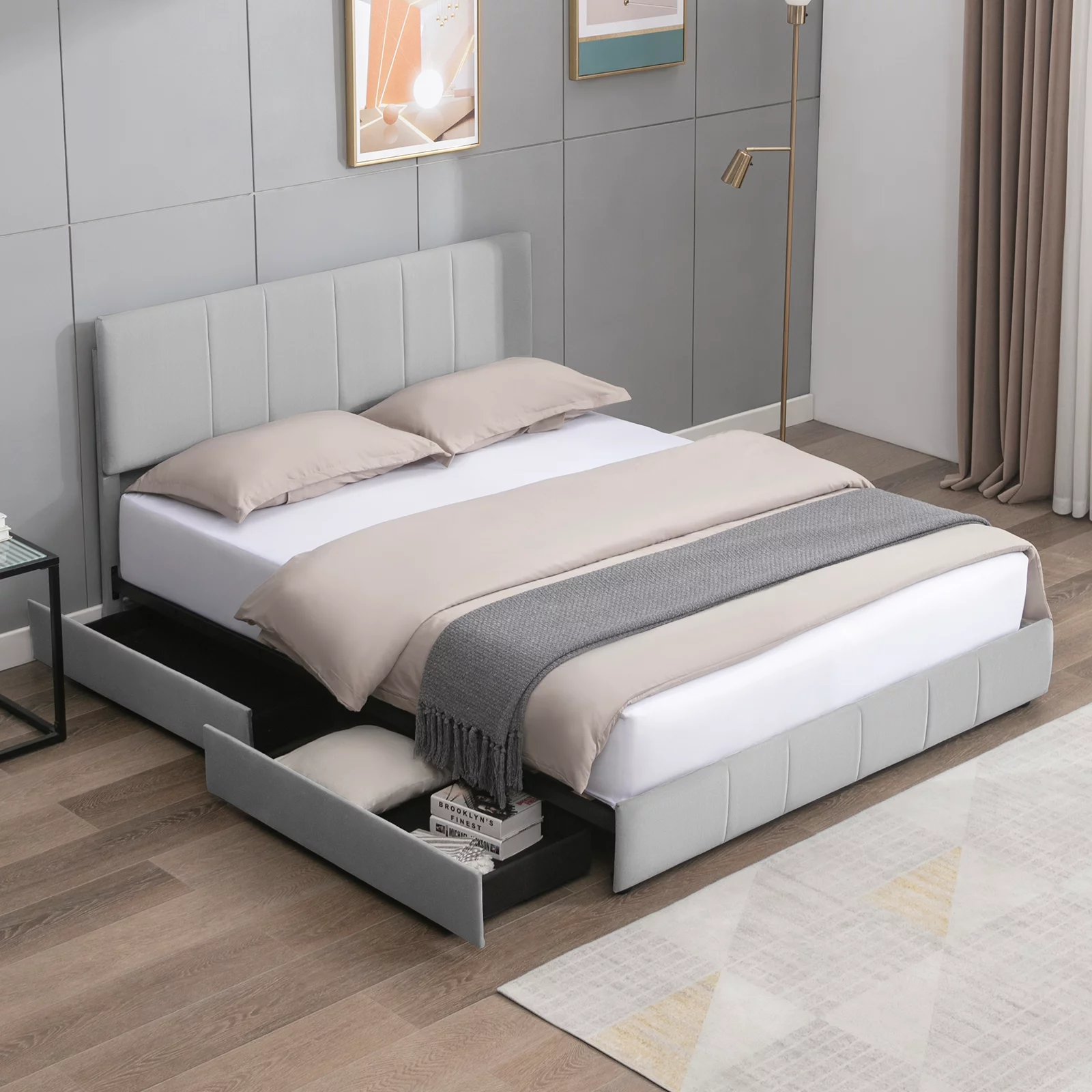 Mixoy Modern King Size Platform Bed Frame with 4 Large Storage Drawers and Adjustble Headboard, Wooden Frame , Light Gray Dutch Velvet Fabric