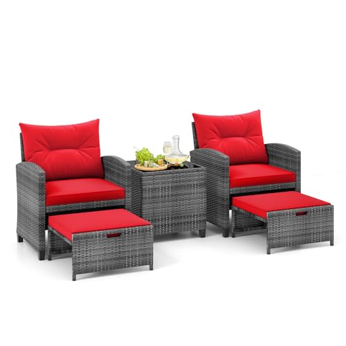 Tangkula 5 Piece Patio Rattan Furniture, Wicker Cushioned Chairs Set w/ 2 Ottomans & Tempered Glass Coffee Table, for Poolside, Backyard, Lawn, Deck (Mix Brown+Black)