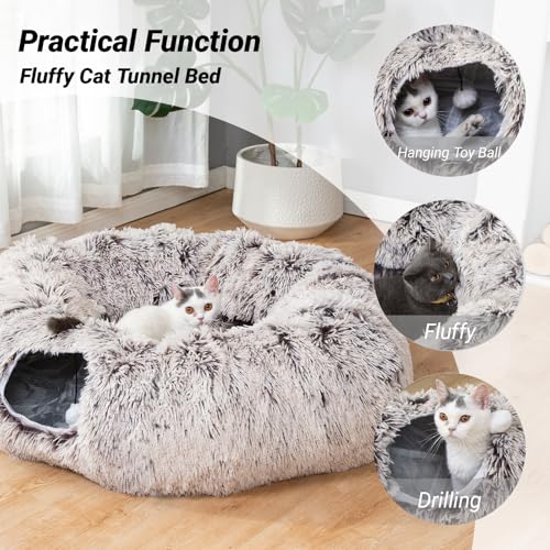 LUCKITTY Warm Fluffy Plush Cat Dog Tunnel Bed Under Christmas Tree Big Tube Playground Toys 3 FT Diameter Longer Crinkle Collapsible 3 Way, for Indoor Cat Kitty Kitten Puppy Rabbit Ferret White