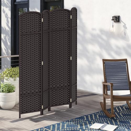 Room Divider 4 Panel Screen 5.6 Ft Tall Partition Room Dividers Brown Privacy Screens Folding Room Separation Free Standing Waterproof Wood Frame Wall Divider