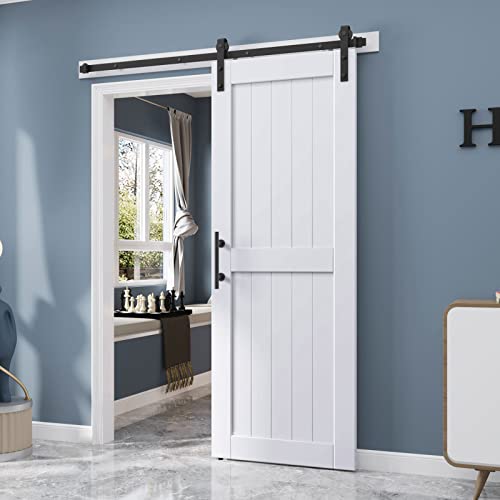 EaseLife 54 x 84 inch White Barn Door with 9FT Sliding Door Hardware Kit Included & Handle,Solid Wood Covered with Waterproof PVC Surface,DIY Assemblely,Easy Install,H-Frame,Fit 50-52in Wide Opening