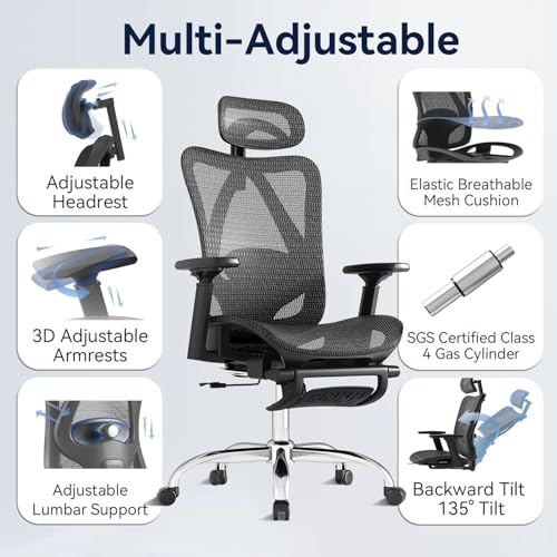 Ergonomic Office Chair, 3-Level Tilt Backrest, 3D Headrest, 3D Armrest and Retractable Footrest, Mesh Breathable SGS Class 4 Gas Clylinder, Black