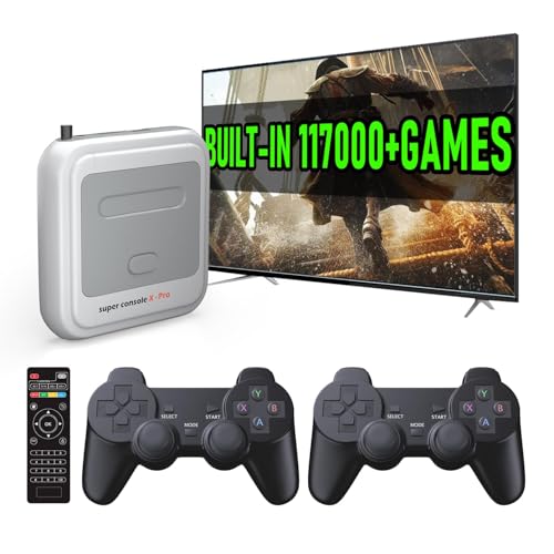 Super Console X Pro Retro Game Console with 117000+ Games,TV & Game System in 1 Video Game Console, 4K TV HD/AV Output,Compatible with 63+ Emulators,with 2 Wireless Controllers