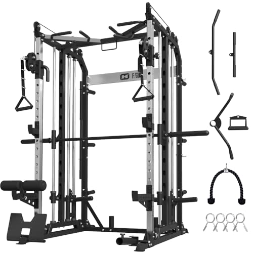 SmithMachine Power Cage, All-in-One Home Gym Squat Rack with Barbell, LAT-Pull Down & Cable Crossover System, Multi-Function Cage Training Equipment with Leg Hold-Down Attachment for Home Gym