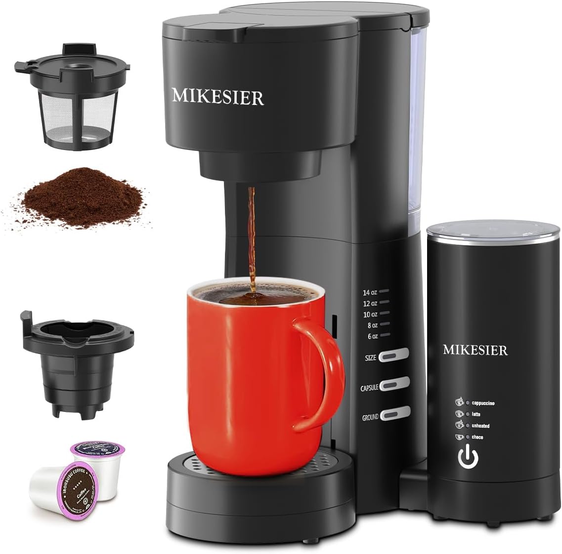 3IN1 Single Serve Coffee Maker for K Cup & Ground, Small Coffee Machine with Milk Frother, 6 to 14oz Brew Size, 28oz Removable Water Tank, Adjustable Drip Tray, for Americano, Latte, Cappuccino