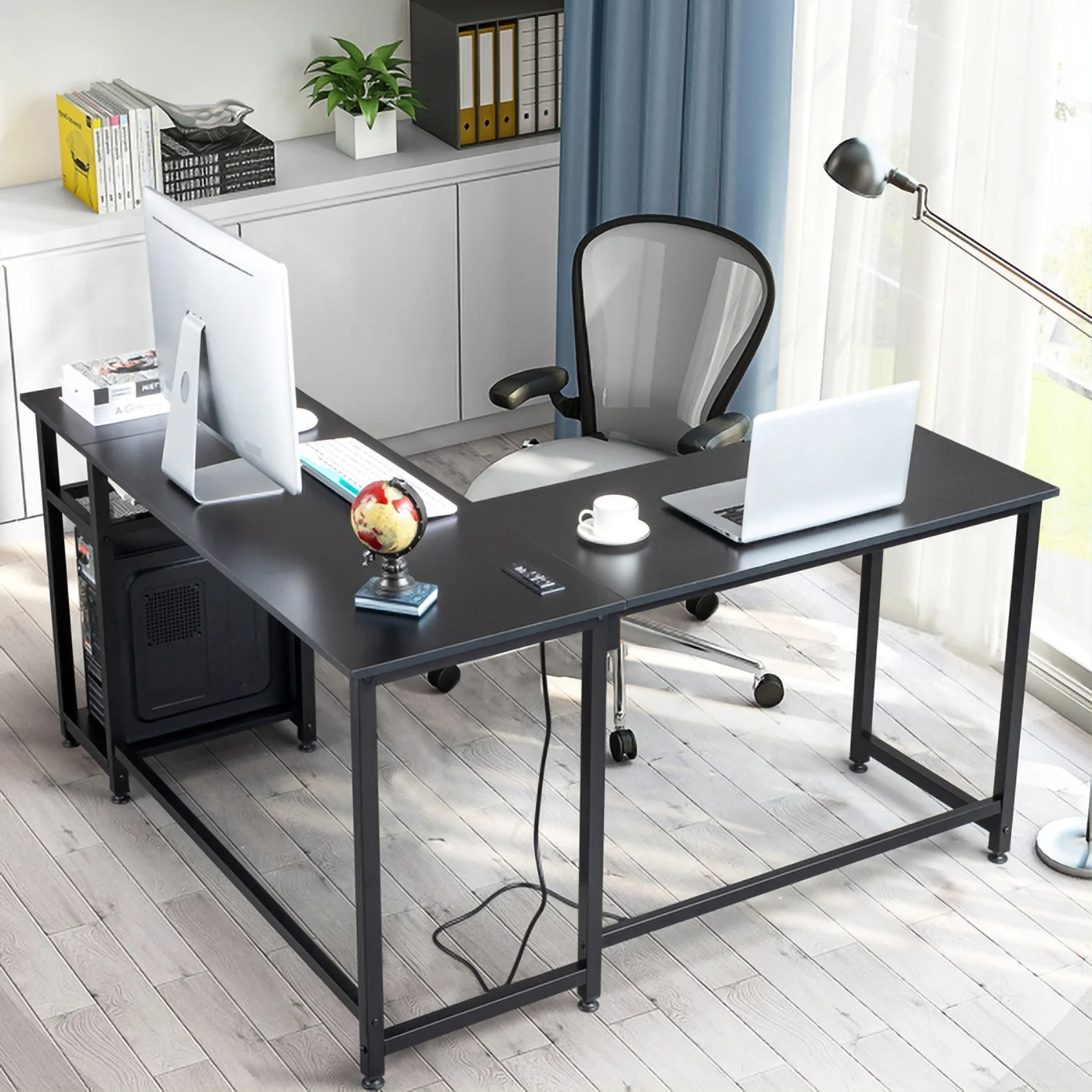 RUseeN L-Shaped Desktop Computer Desk with Power Outlets & Shelf Tiger Black