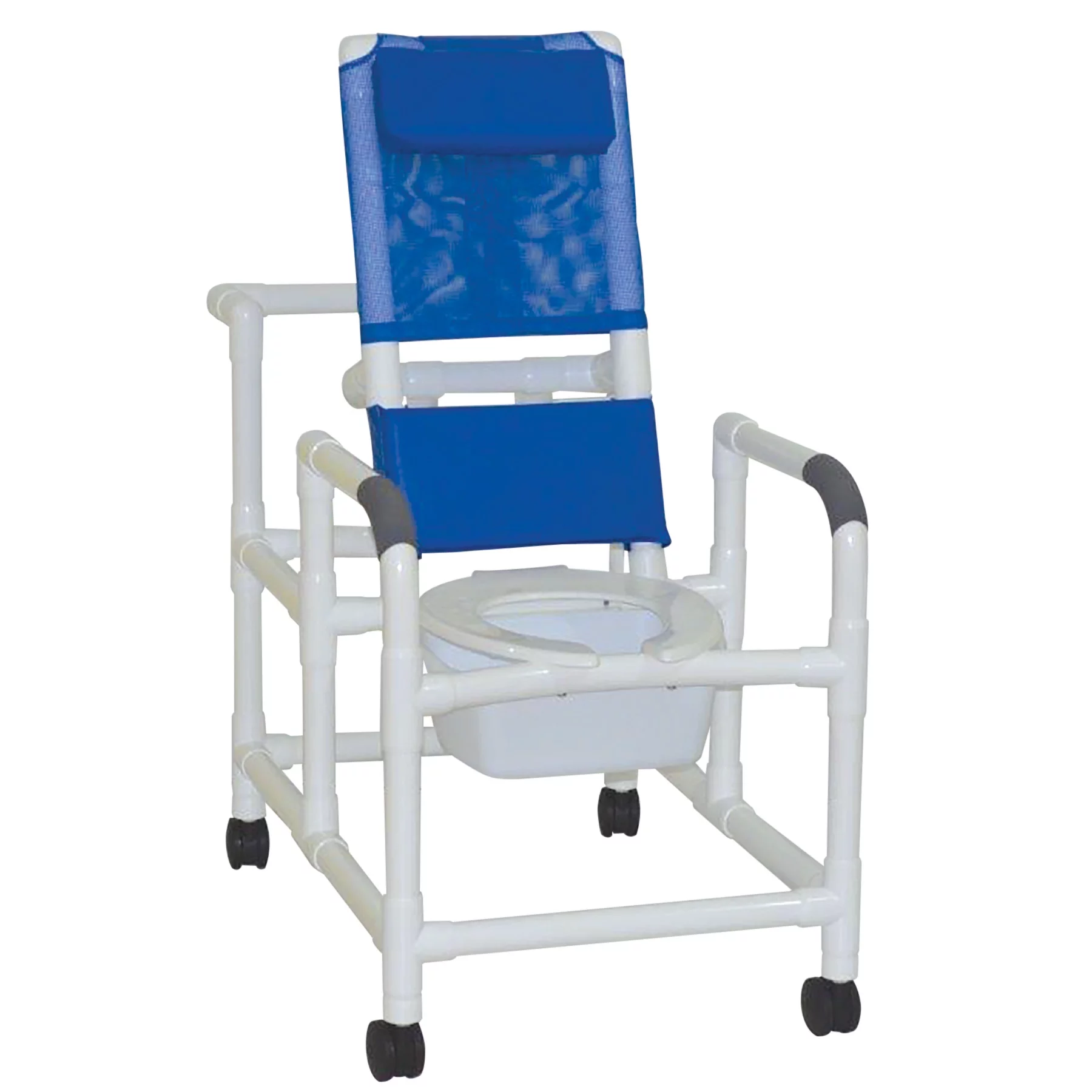 MJM International Reclining shower chair with deluxe elongated open front commode seat, slide out square commode pail, no footrest, no leg extension, 325 lbs weight capacity
