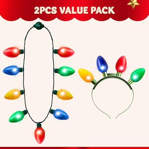 JOYIN 2PCS Christmas Light Up Headband and Necklace with 6 Flashing Modes, LED Christmas Lights Bulb Necklace Headband for Kids Women Men Xmas Party Supplies Accessories