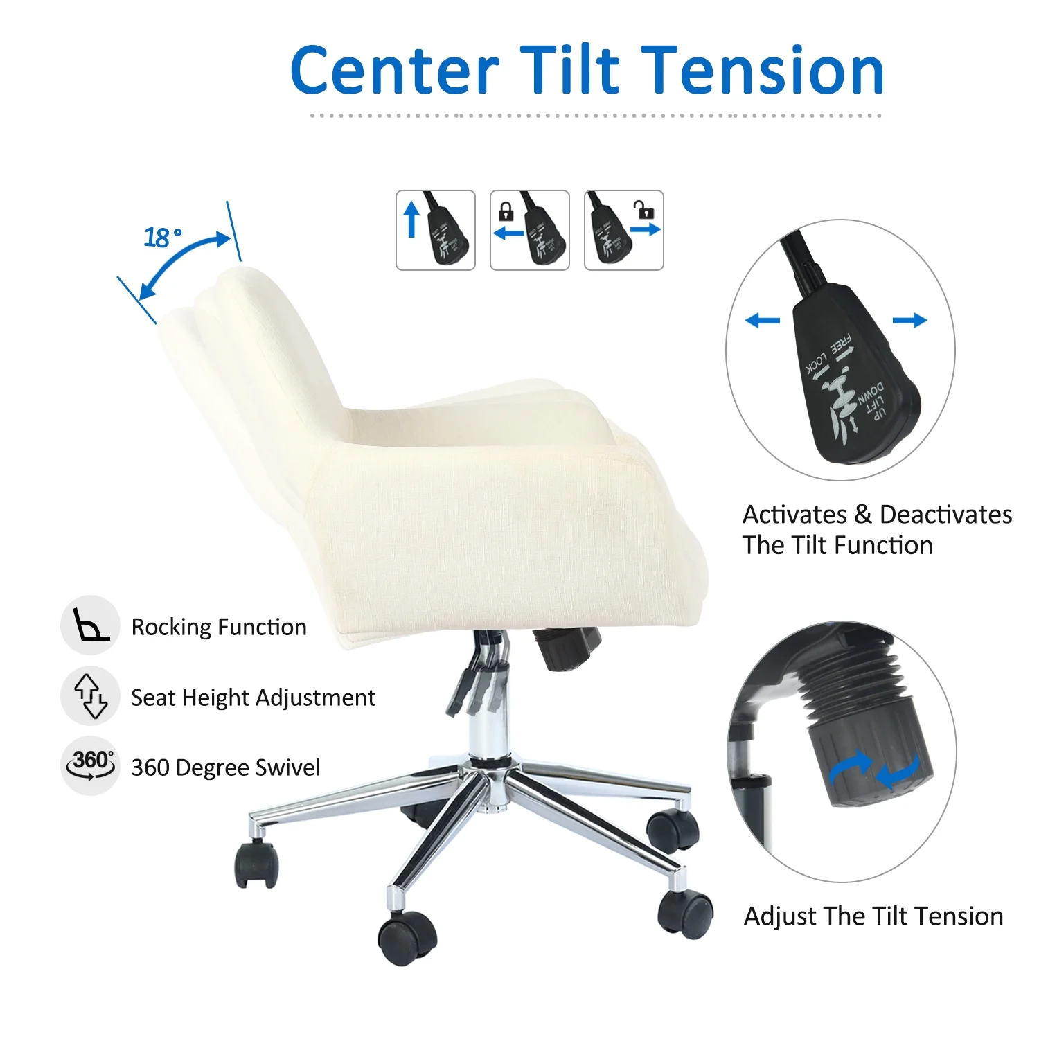 Homy Casa Home Office Chair Swivel Fabric Desk Chair Accent Armchair Upholstered Modern Tufted Chairs with Metal Base Ergonomic Study Seat Computer Task Stools for Living Vanity Room (Cream Beige)