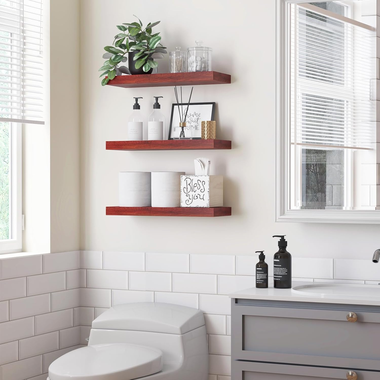 Fixwal Floating Shelves for Wall, 3 Pack Wall Mounted Shelves with Invisible Brackets, Hanging Shelf for Bathroom, Bedroom, Living Room, Kitchen, Office Decor(Walnut)