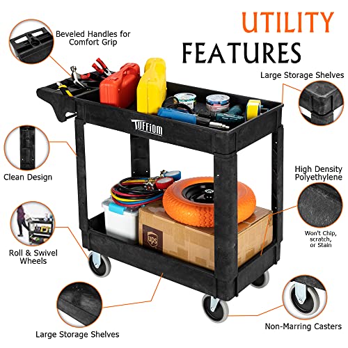 TUFFIOM Plastic Service Utility Cart, Support 550lbs Capacity Ergonomic Handle, Heavy Duty Tub Storage Cart W/Deep Shelves, Multipurpose Rolling 2-Tier Mobile Storage Organizer, for Warehouse Garage
