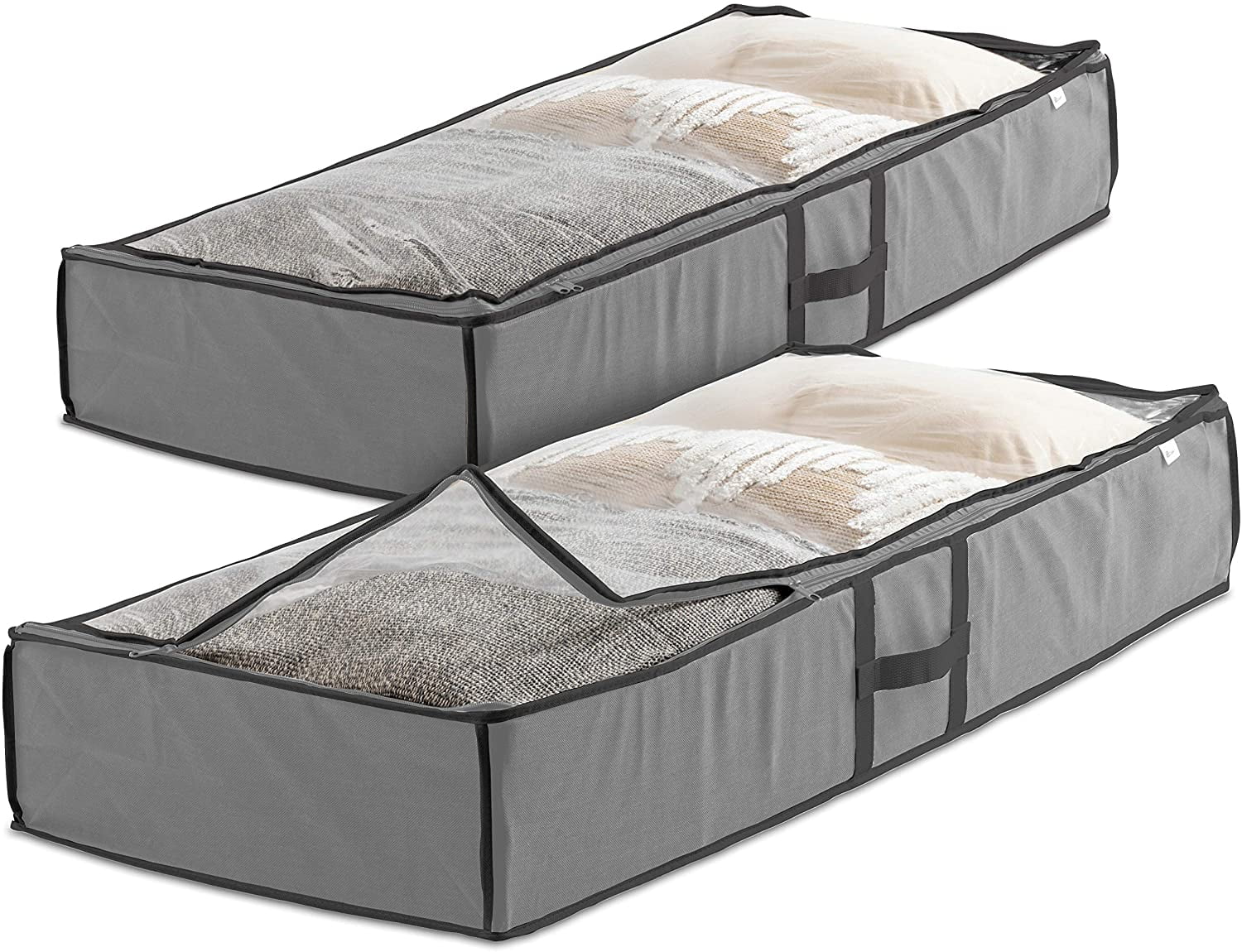 Underbed Storage Bag Organizer (2 Pack) Large Capacity Storage Box with Reinforced Strap Handles, PP Non-Woven Material, Clear Window, Store Blankets, Comforters, Linen, Bedding, Seasonal Clothing