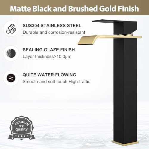 Bathroom Sink Faucet, Black and Gold Color, Waterfall Style, SUS304 Stainless Made, Single-Handle, Deck-Mount Suitable for 1-3-Hole, Drain and Supply Hoses Included