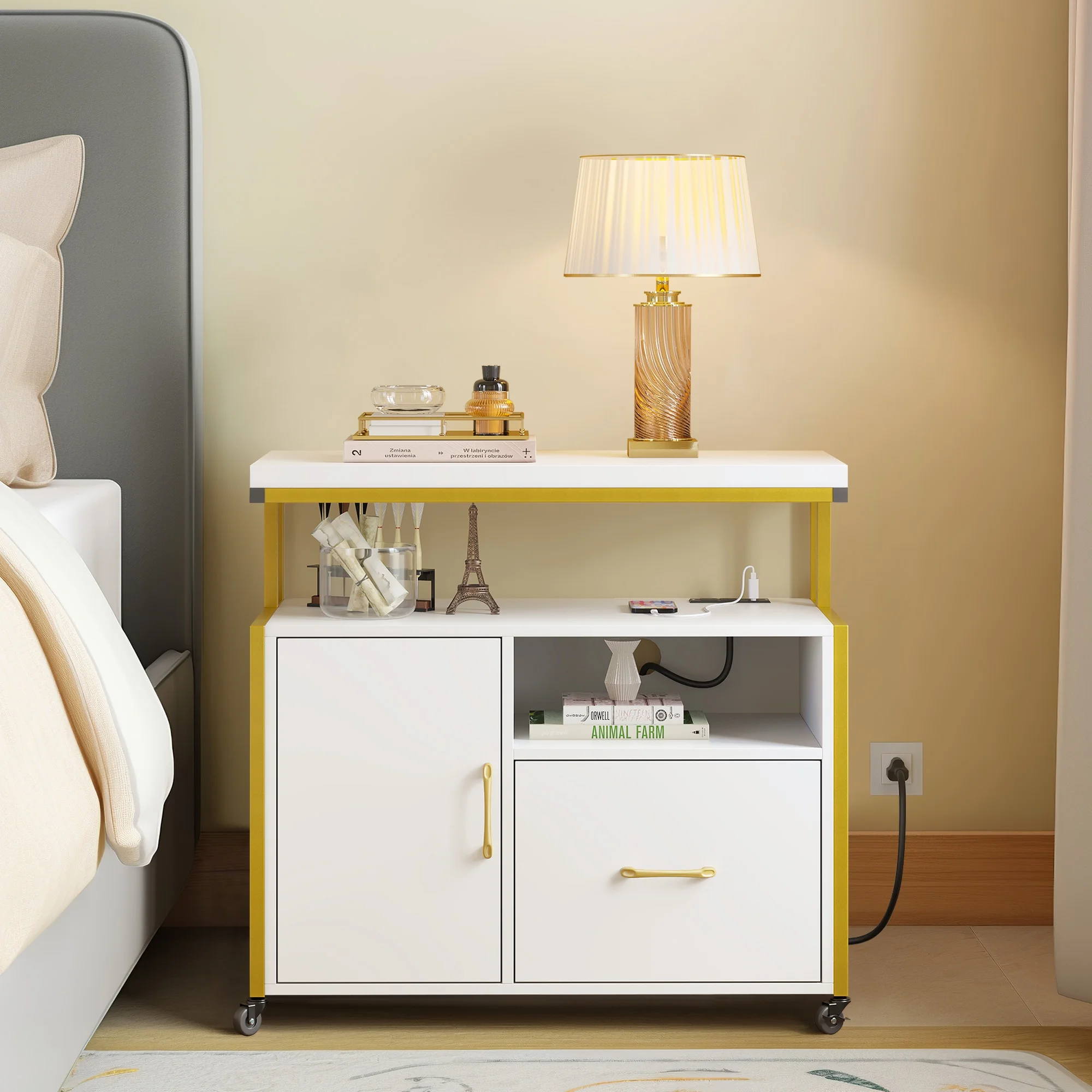 DWVO Wood File Cabinet with Charging Station, Rolling Lateral Filing Cart with Door & Printer Shelf for A4 Letter Size Files for Home Office, White