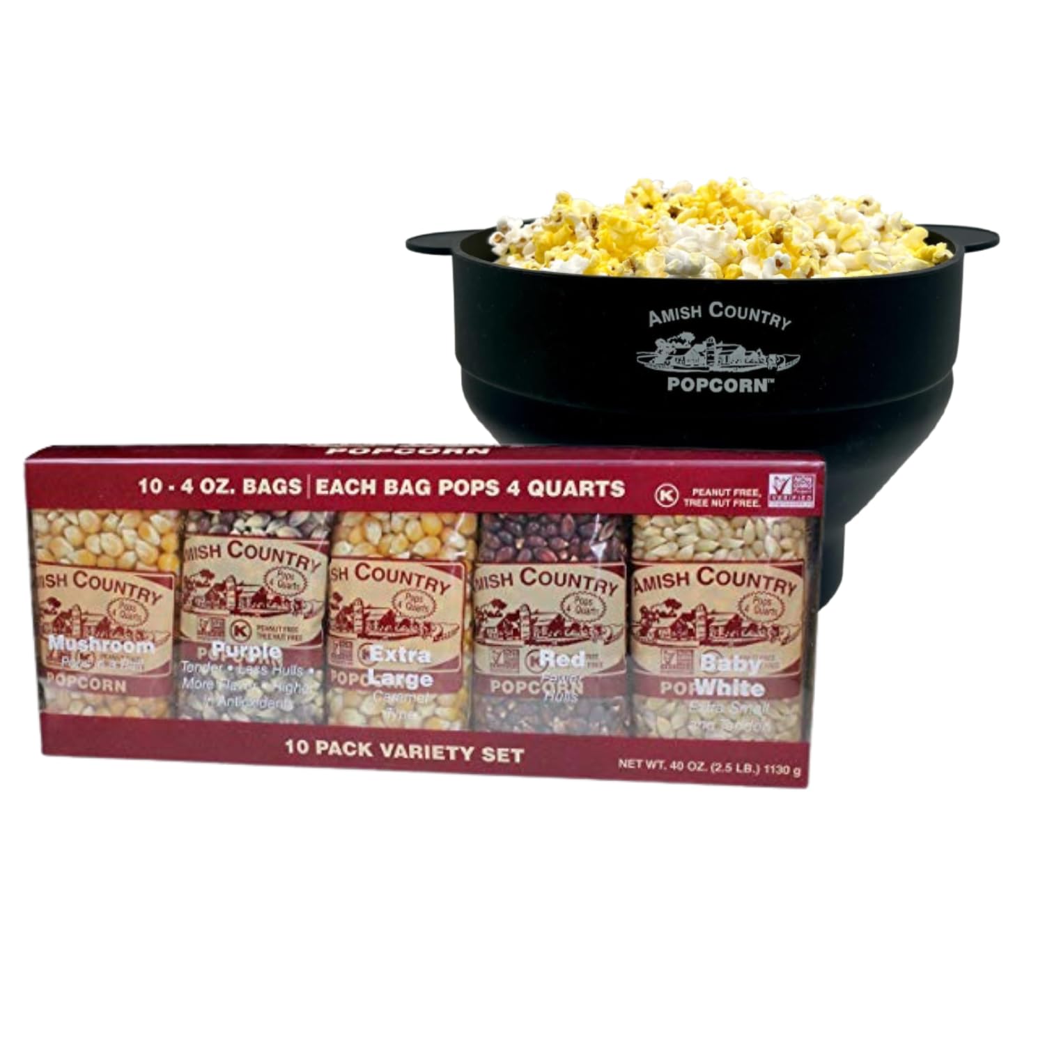 Amish Country Popcorn - 4 Ounce Variety Kernel Gift Set (10 Pack Assorted) and Black Silicone Popcorn Popper Bundle | Small & Tender Popcorn | Popper is BPA and PVC Free, Handles, Dishwasher Safe