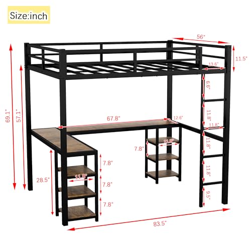 Full Size Loft Bed with Desk and Storage Shelves, Heavy Duty Metal Loft Bed with L-Shaped Desk and Ladder, Full Size Loft Bed for Kids, Teens(Black Desk Full Loft Bed)