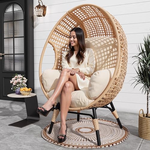Outdoor Egg Chair Wicker Oversized Egg Basket Chair with Stand Lounger Chairs with Cushion 500lbs Capacity for Patio Garden Backyard Balcony (Ivory - Nest, NO Table)