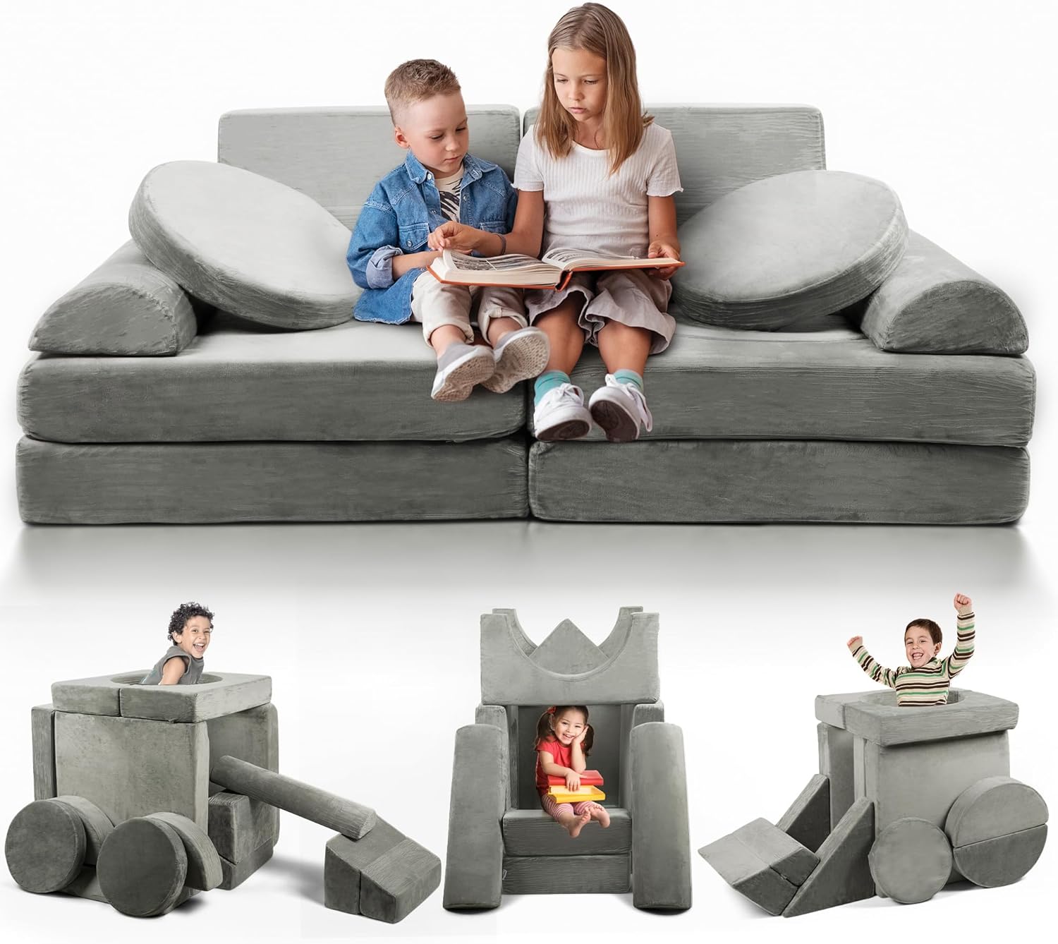 Modular Kids Play Couch - 15 Pieces Buildable Plush Play Couch Panels with Ball Pit Square, Backrests - Kids Sofa Couch Furniture for Ages 5-12, Kids Couch for Playroom, Bedroom, Classroom