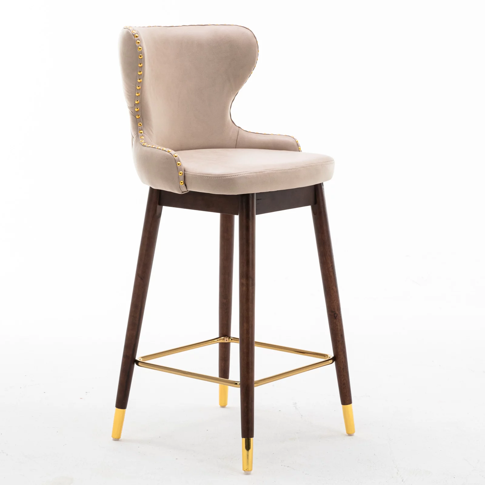 BTMWAY Bar Chairs Set of 2, Modern Upholstered Bar Stools with Gold Nailhead Trim and Solid Wood Legs, Leisure Cushioned Counter Stools with Wing-Back Backrest and Golden Footrest, Beige