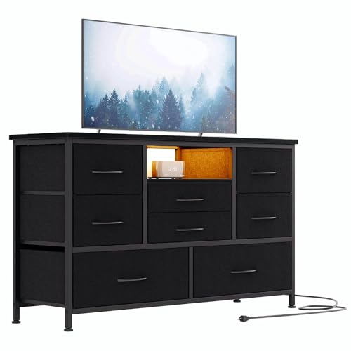 8 Dresser TV Stand with Power Outlet & LED for 55'' TV, Long Dresser for Bedroom with 8 Deep Drawers, Wide Console Table for Storage in Closet, Living Room, Entryway, Wood Top