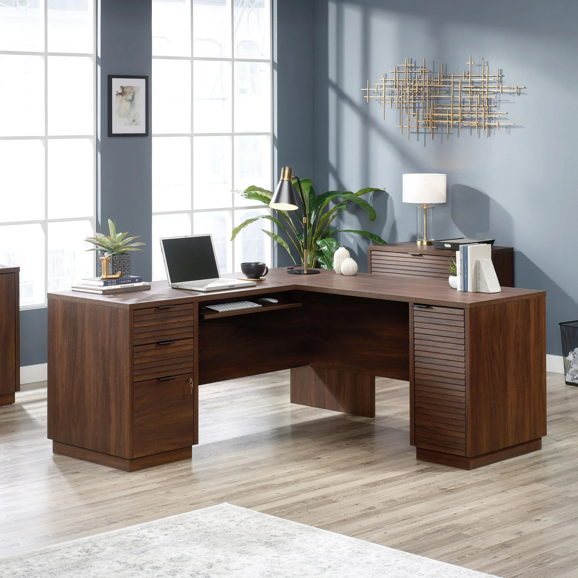 Sauder Englewood Engineered Wood L-Shaped Desk in Spiced Mahogany
