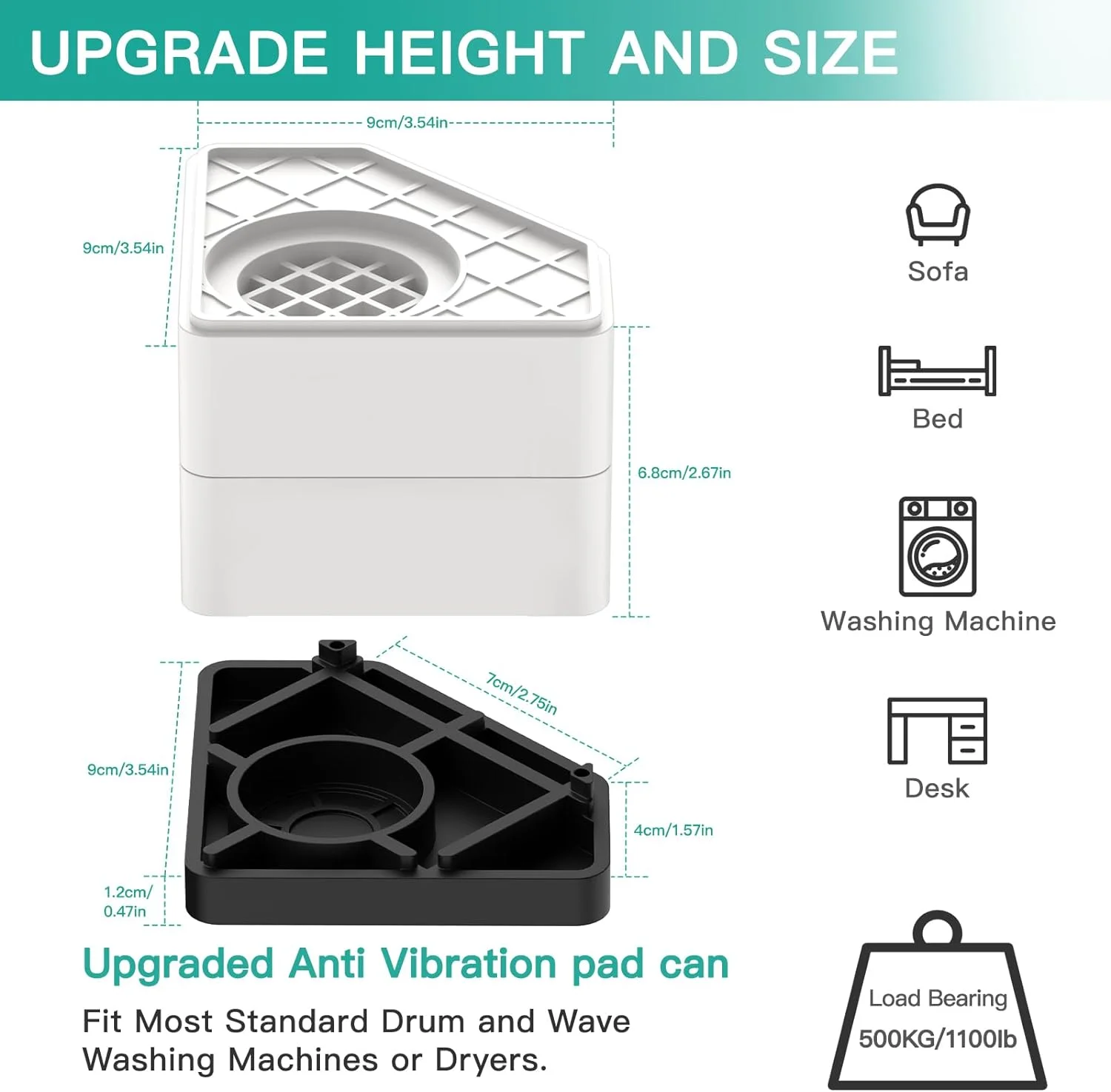 8 Packs Anti Vibration Pads, Pedestal for Washer and Dryer with 1100 lbs Weight Capacity, Double Heighten Washing Machine Foot Pads for Anti Slip & Noise-reducing Protects Laundry Room Floor SEISSO