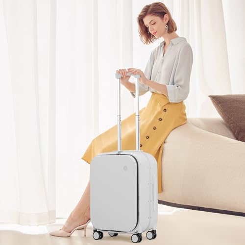 mixi Carry On Luggage, 20'' Suitcase with Front Laptop Pocket, Travel Rolling Luggage Aluminum Frame PC Hardside with Spinner Wheels & TSA Lock and Cover - Smoke White