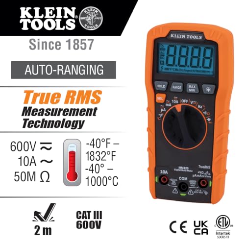Klein Tools MM450 Slim Digital Multimeter, Reverse Contrast Display with Lead Alert, Auto-Ranging TRMS, 600V AC/DC Voltage, Current, Resistance, Temp, Frequency, Continuity